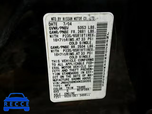 2004 NISSAN MURANO SL JN8AZ08W04W338055 Bild 9