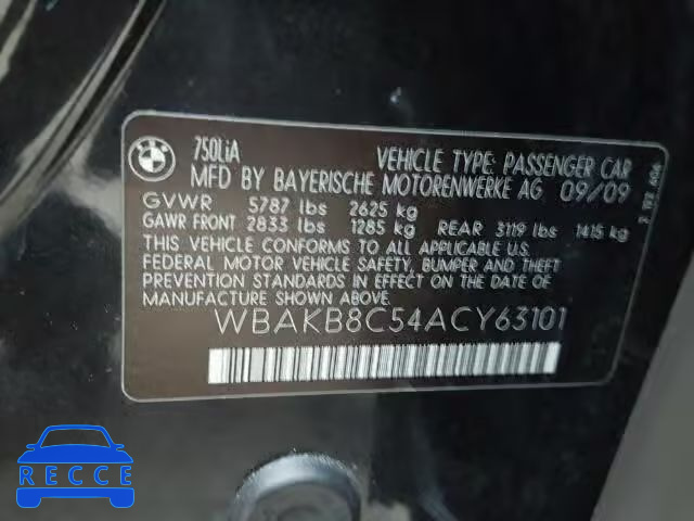2010 BMW 750 WBAKB8C54ACY63101 зображення 9