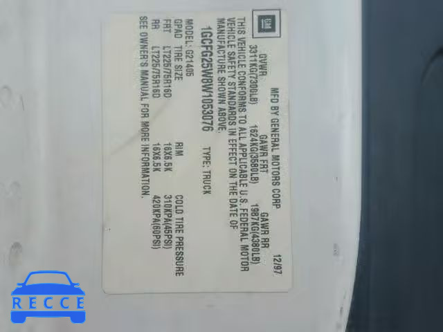 1998 CHEVROLET EXPRESS G2 1GCFG25W8W1053076 image 9