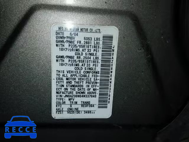 2004 NISSAN MURANO SL JN8AZ08W84W337848 image 9