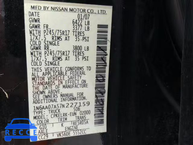 2007 NISSAN TITAN XE 1N6AA07A57N227159 image 9