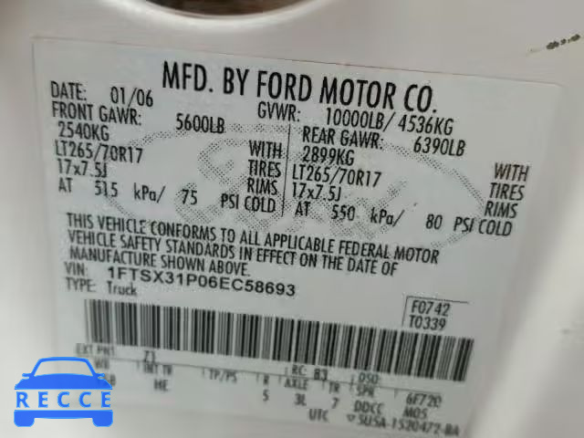 2006 FORD F350 SRW S 1FTSX31P06EC58693 image 9