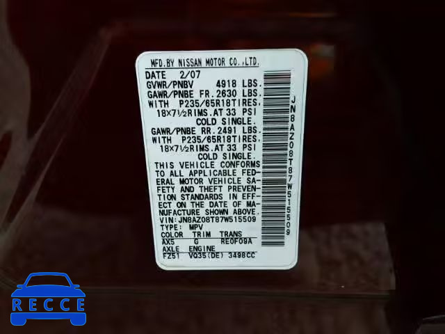 2007 NISSAN MURANO SL JN8AZ08T87W515509 зображення 9