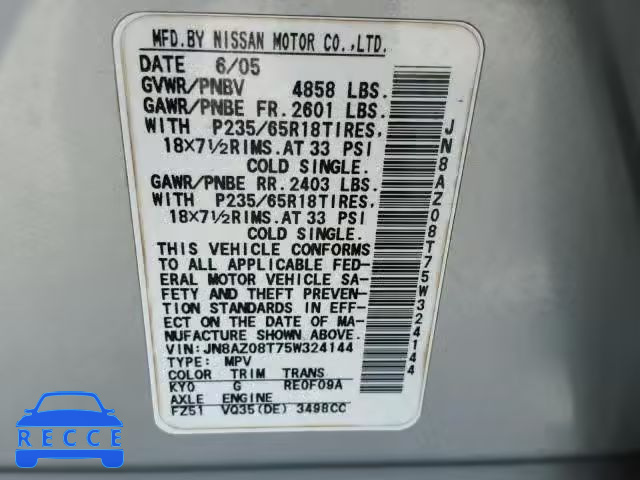 2005 NISSAN MURANO SL JN8AZ08T75W324144 image 9