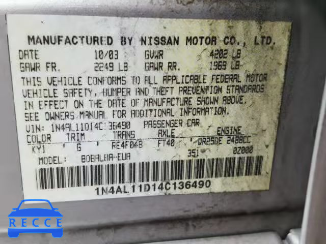 2004 NISSAN ALTIMA BAS 1N4AL11D14C136490 зображення 9