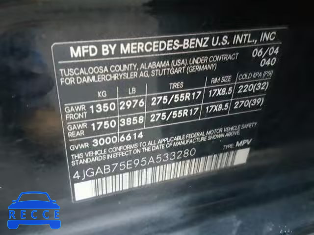 2005 MERCEDES-BENZ ML 500 4JGAB75E95A533280 зображення 9