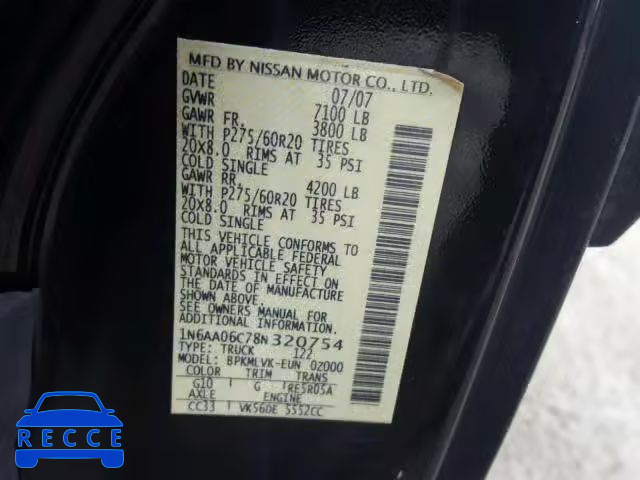 2008 NISSAN TITAN XE 1N6AA06C78N320754 image 9