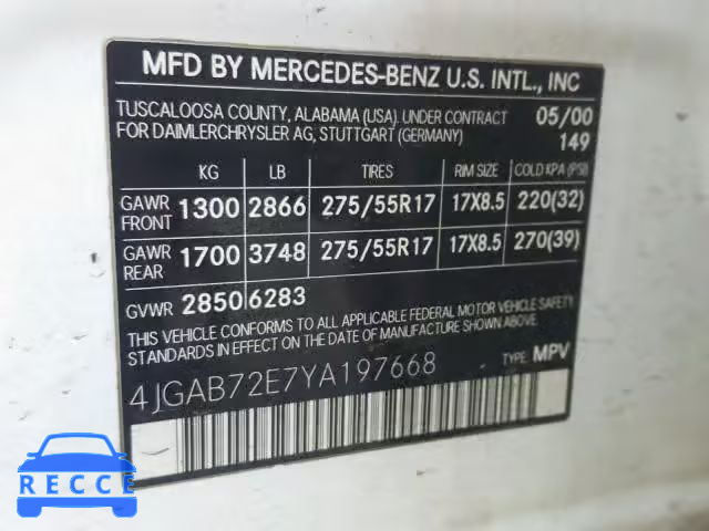 2000 MERCEDES-BENZ ML 430 4JGAB72E7YA197668 Bild 9