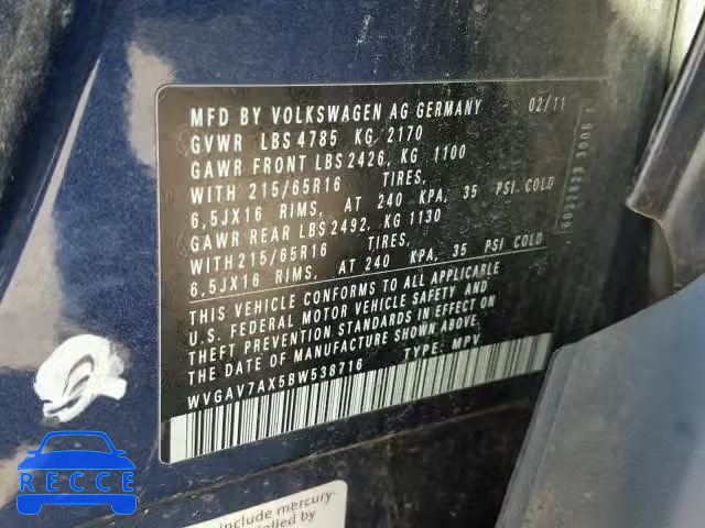 2011 VOLKSWAGEN TIGUAN S WVGAV7AX5BW538716 image 9