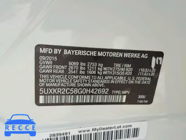 2016 BMW X5 SDRIVE3 5UXKR2C58G0H42692 зображення 9