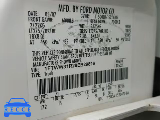 2008 FORD F350 SRW S 1FTWW31R28EB29816 зображення 9