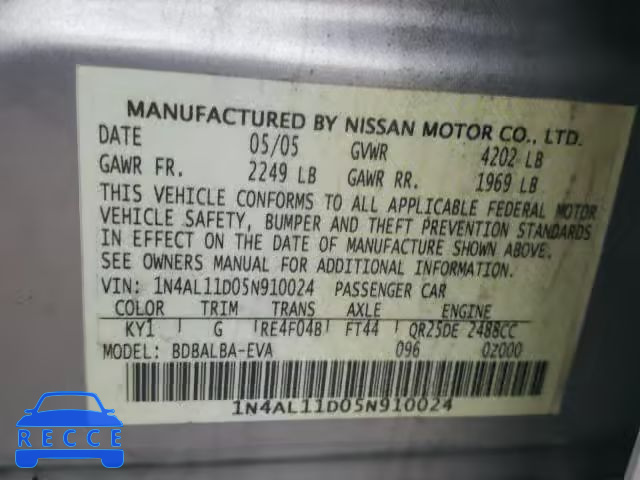 2005 NISSAN ALTIMA S 1N4AL11D05N910024 зображення 9