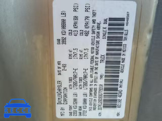 2003 DODGE RAM 2500 S 3D7KU28D93G779310 зображення 9