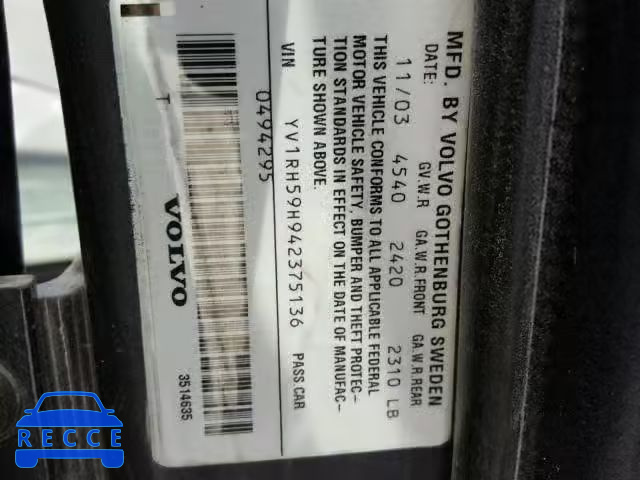 2004 VOLVO S60 2.5T YV1RH59H942375136 image 9