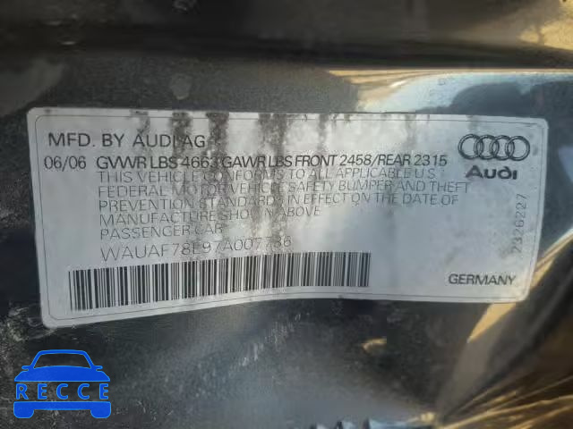 2007 AUDI A4 2 WAUAF78E97A007736 зображення 9