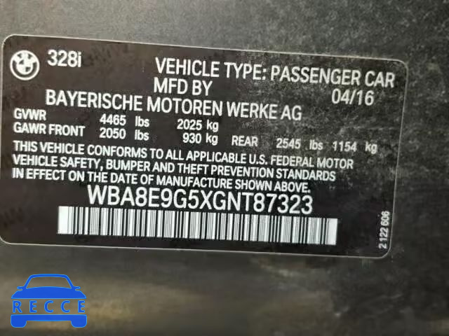 2016 BMW 328 I SULE WBA8E9G5XGNT87323 Bild 9