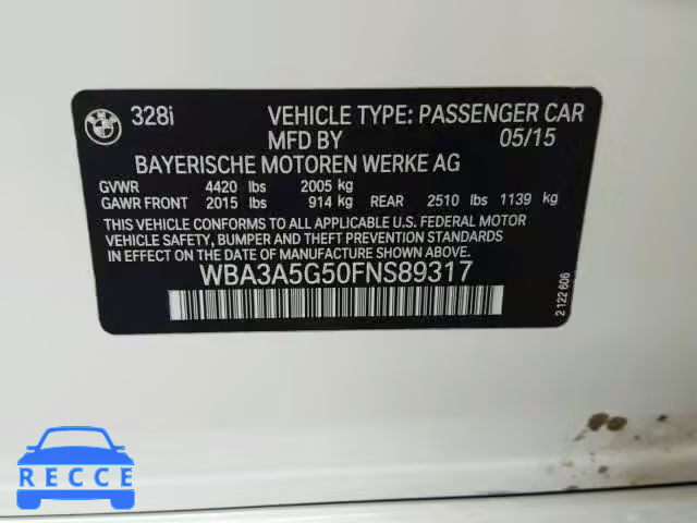 2015 BMW 328 I WBA3A5G50FNS89317 зображення 9