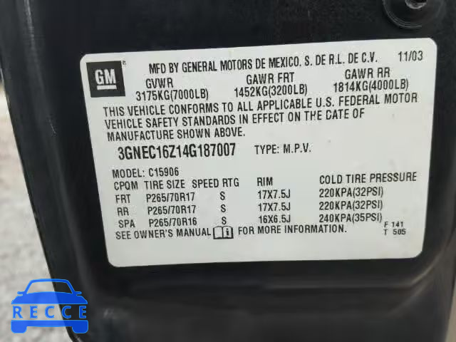 2004 CHEVROLET SUBURBAN C 3GNEC16Z14G187007 image 9