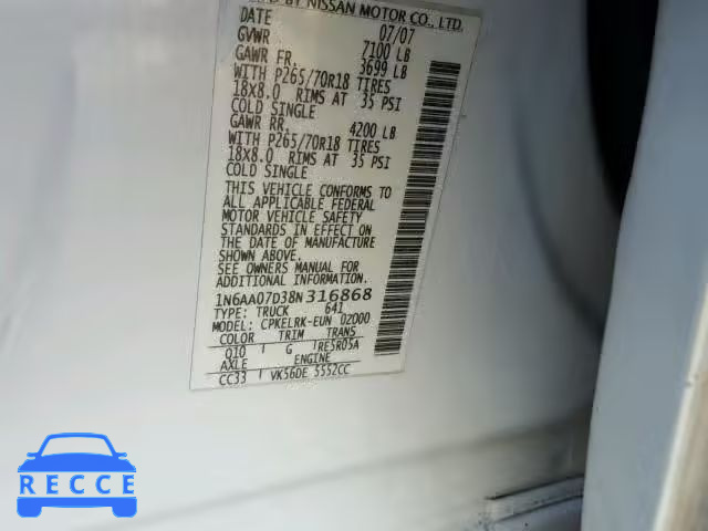 2008 NISSAN TITAN XE 1N6AA07D38N316868 image 9