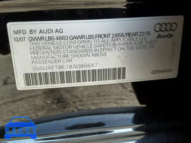 2008 AUDI A4 2.0T WAUAF78E78A086647 зображення 9