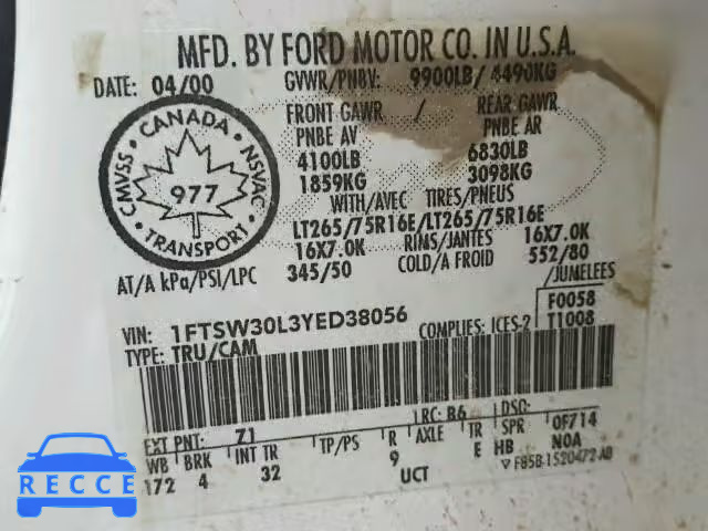 2000 FORD F350 SRW S 1FTSW30L3YED38056 image 9