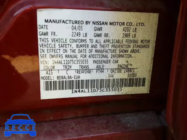 2005 NISSAN ALTIMA S 1N4AL11D75C355035 image 9