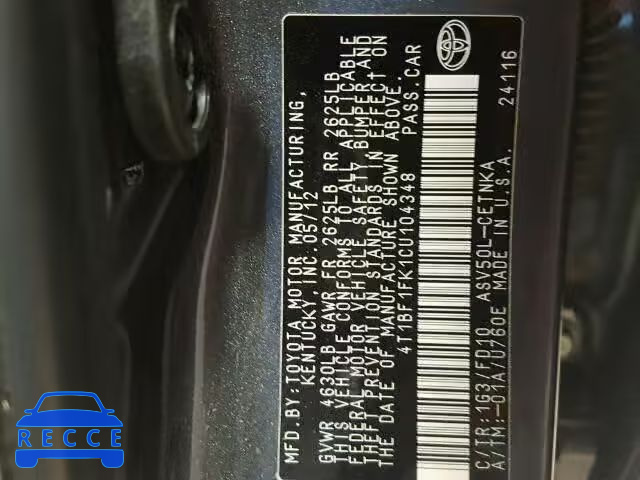 2012 TOYOTA CAMRY BASE 4T1BF1FK1CU104348 image 9