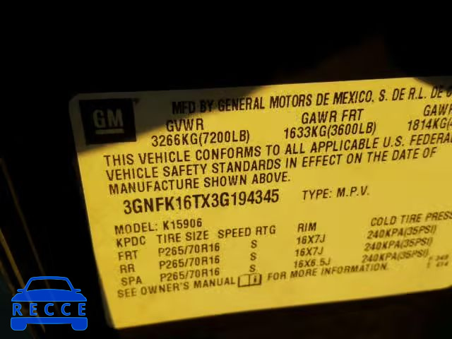 2003 CHEVROLET SUBURBAN K 3GNFK16TX3G194345 image 9