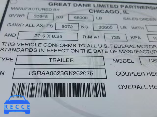 2016 GREAT DANE TRAILER 53 TRAILER 1GRAA0623GK262075 зображення 9