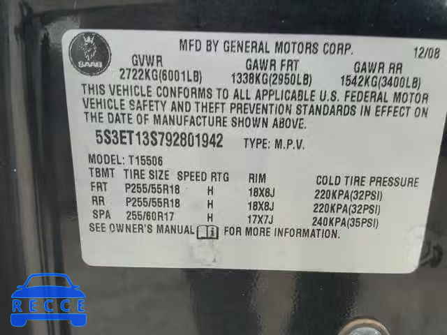 2009 SAAB 9-7X 4.2I 5S3ET13S792801942 image 9