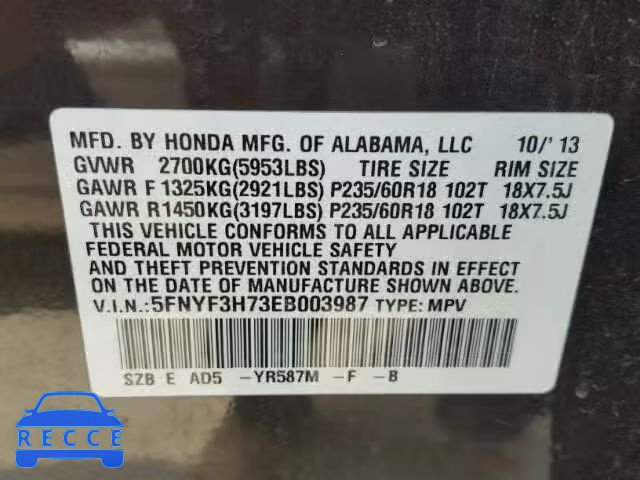 2014 HONDA PILOT EXLN 5FNYF3H73EB003987 image 9