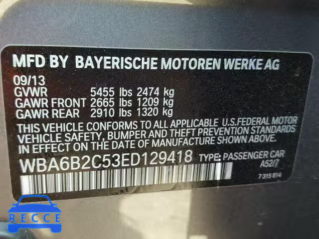 2014 BMW 650 I WBA6B2C53ED129418 зображення 9