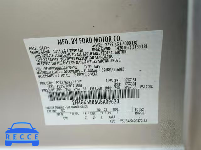 2016 FORD FLEX SE 2FMGK5B86GBA09623 image 9