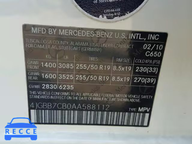 2010 MERCEDES-BENZ ML 550 4MA 4JGBB7CB0AA588112 Bild 9