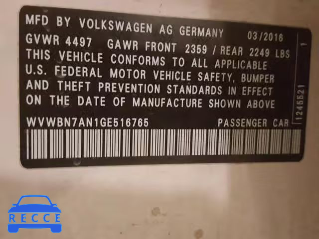 2016 VOLKSWAGEN CC BASE WVWBN7AN1GE516765 image 9