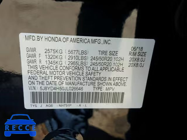 2018 ACURA MDX TECHNO 5J8YD4H50JL026646 image 9