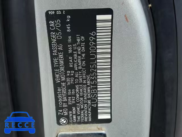 2005 BMW Z4 3.0 4USBT53525LU10996 image 9