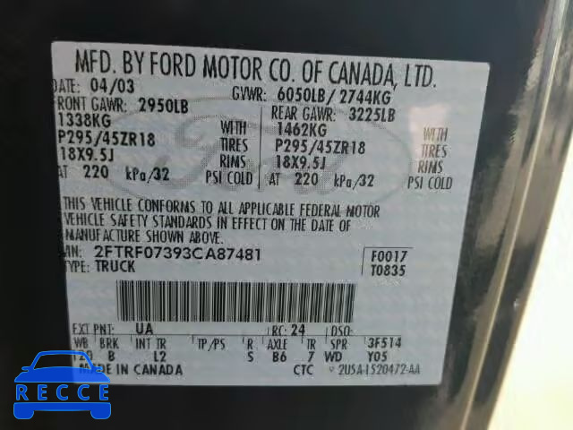 2003 FORD F150 SVT L 2FTRF07393CA87481 image 9