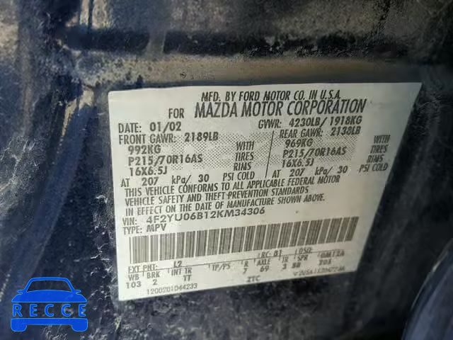 2002 MAZDA TRIBUTE DX 4F2YU06B12KM34306 image 9