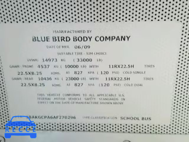 2010 BLUE BIRD SCHOOL BUS 1BAKGCPA6AF270296 зображення 9
