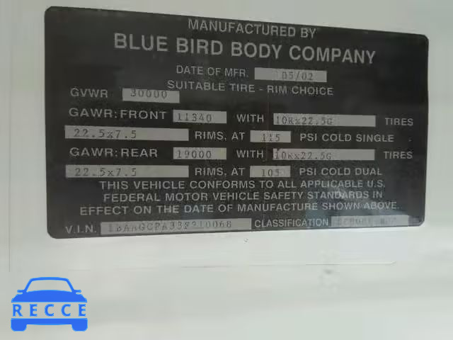 2003 BLUE BIRD SCHOOL BUS 1BAAGCPA33F210068 image 9