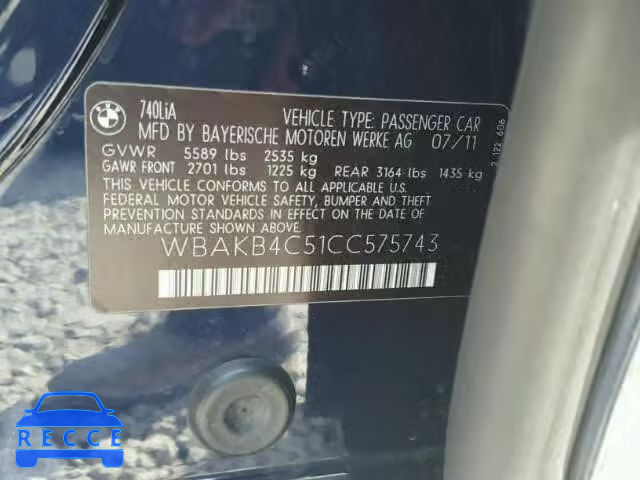 2012 BMW 740 LI WBAKB4C51CC575743 image 9