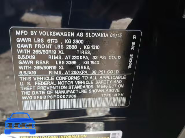 2015 VOLKSWAGEN TOUAREG V6 WVGEF9BP8FD007309 зображення 9