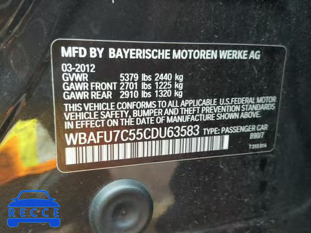 2012 BMW 535 XI WBAFU7C55CDU63583 зображення 9