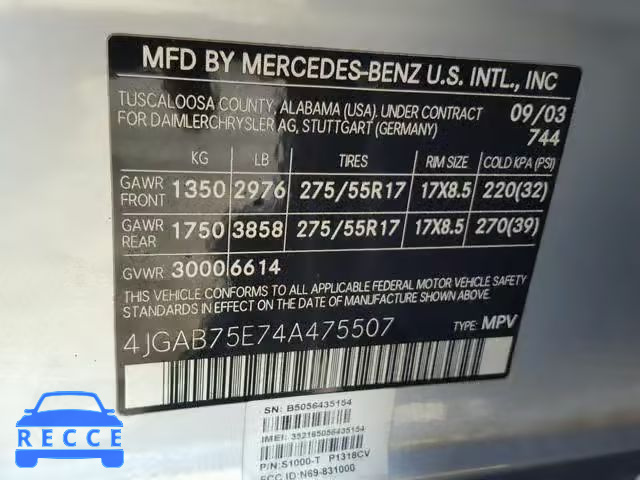 2004 MERCEDES-BENZ ML 500 4JGAB75E74A475507 image 9