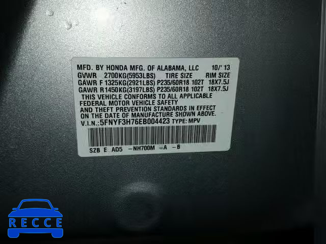 2014 HONDA PILOT EXLN 5FNYF3H76EB004423 image 9