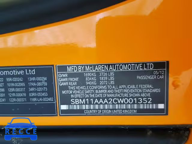 2012 MCLAREN AUTOMATICOTIVE MP4-12C SBM11AAA2CW001352 image 9