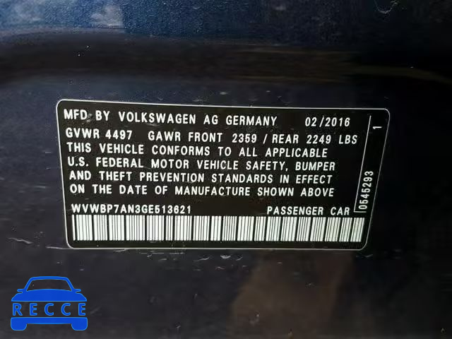 2016 VOLKSWAGEN CC BASE WVWBP7AN3GE513621 зображення 9