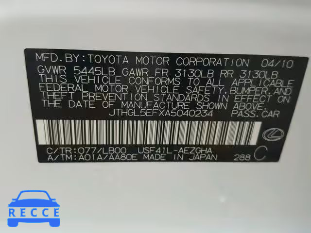 2010 LEXUS LS 460L JTHGL5EFXA5040234 image 9