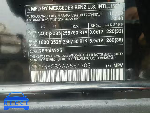 2010 MERCEDES-BENZ ML 350 4MA 4JGBB8GB9AA561202 image 9